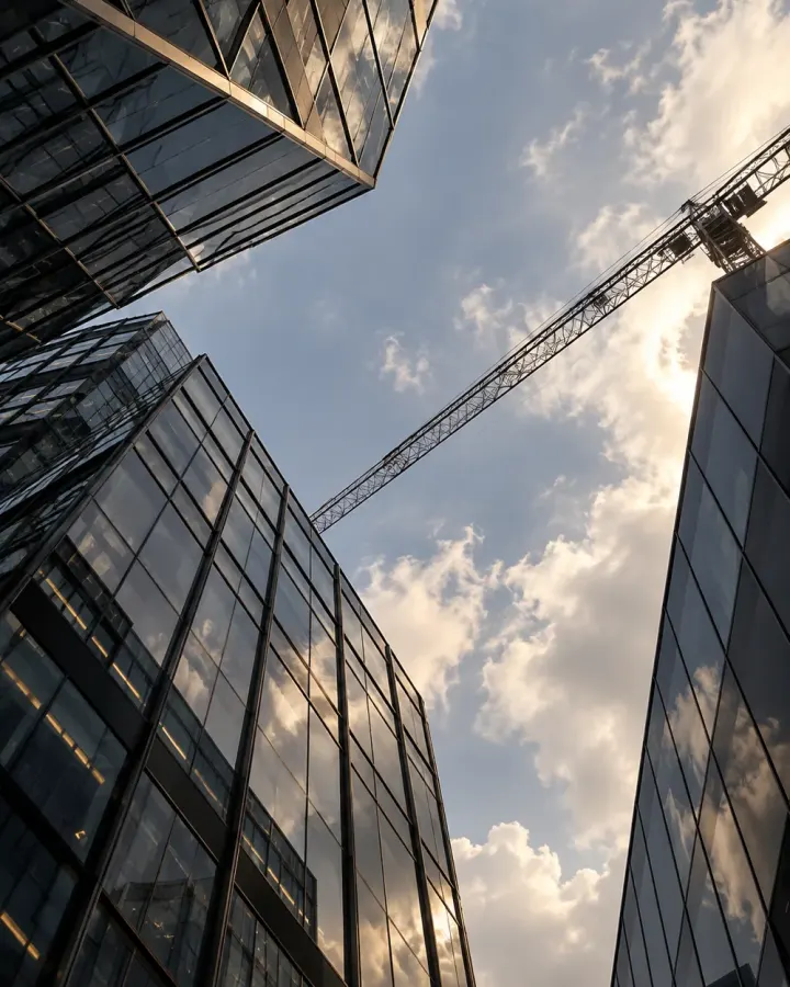 Chantier : façades vitrées et grue
