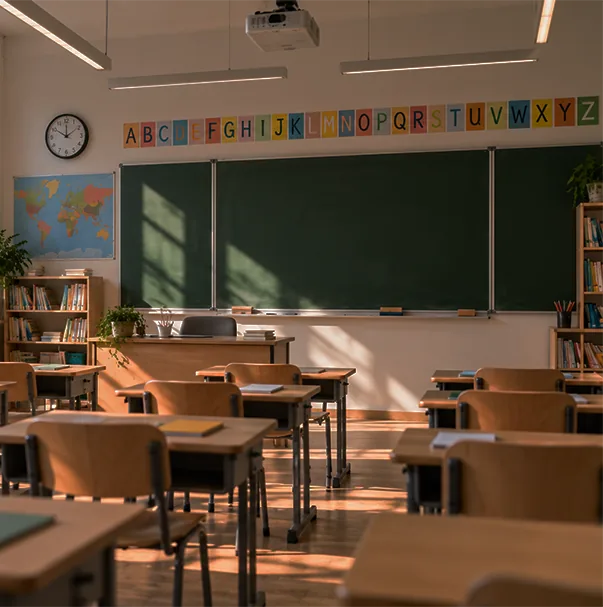 Salle de classe lumineuse, tableau vert