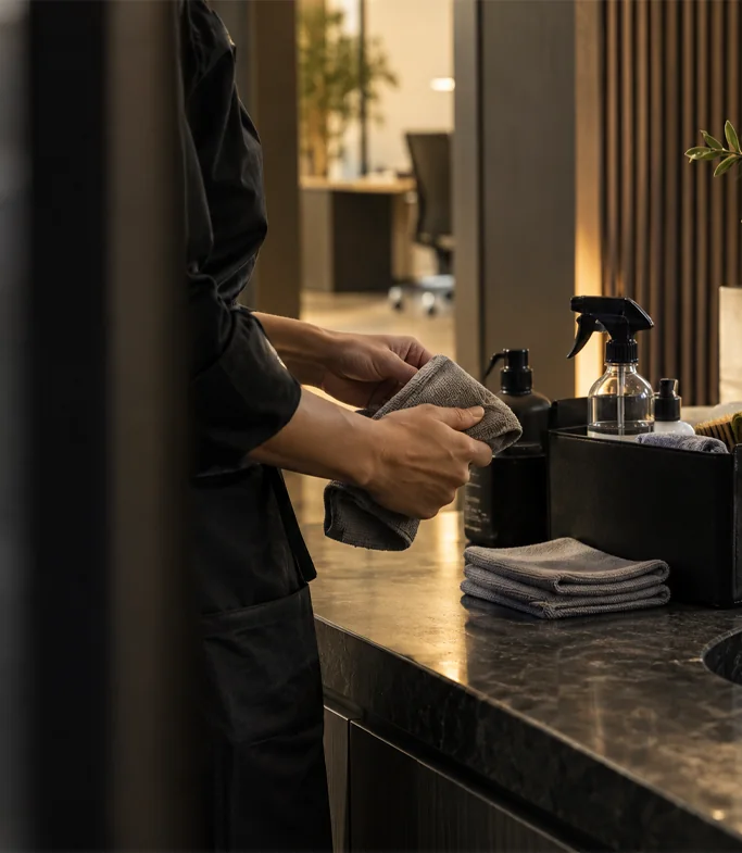 Agente Nikita pliant une microfibre à côté d’un vaporisateur, dans un espace de travail